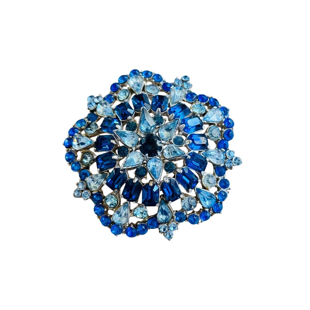VTG Hollycraft Atomic Star Burst Pin Brooch Crystal Rhinestone Silver Tone Blue